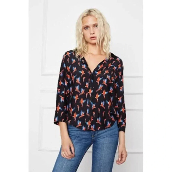 Anine Bing Black Billie Silk Parrot Print Long Sleeve Button Down XS - Picture 1 of 6